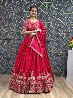 Om Creation Embroidered Semi Stitched Lehenga Choli(Red)