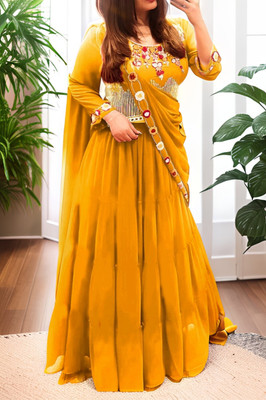 Hemlata Embroidered Semi Stitched Lehenga & Crop Top(Yellow)