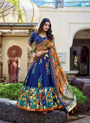 Rudra Enterprise Printed Semi Stitched Lehenga & Crop Top(Blue)