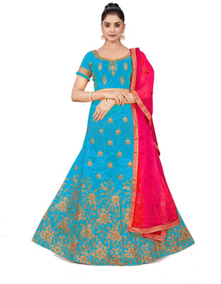 manvaa Embroidered Semi Stitched Lehenga Choli(Blue)