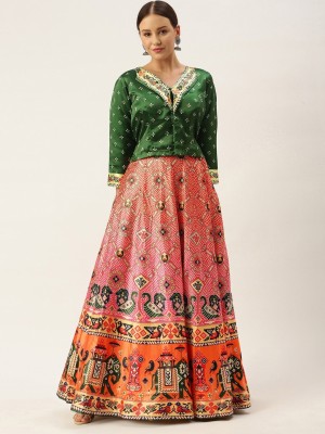 KAHIRAA WHOLETEX Bandhani Semi Stitched Lehenga Choli(Green)