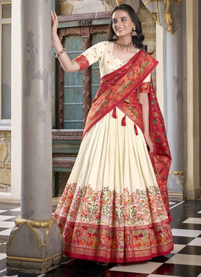 ShringarHouse Embroidered, Floral Print, Printed, Geometric Print, Digital Print Semi Stitched Lehenga Choli(White, Red)