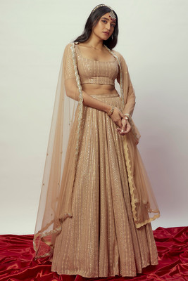 FAB WINDOW Striped Semi Stitched Lehenga Choli(Brown)