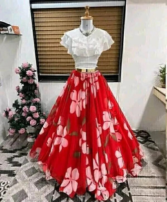 HOUSE OF COMMON Digital Print Semi Stitched Lehenga & Crop Top(Red)