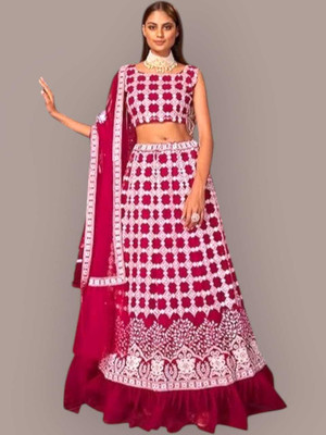 Kitvillaa Embroidered Semi Stitched Lehenga Choli(Multicolor)
