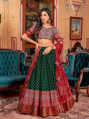 HEM SELLES Floral Print Semi Stitched Lehenga Choli(Green)