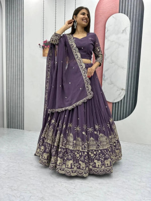 Santosafashion Embroidered, Self Design Semi Stitched Lehenga Choli(Purple)