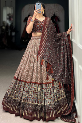 A To Z Cart Printed Semi Stitched Lehenga Choli(Brown)