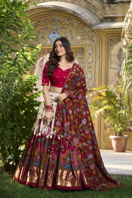 JANVI CREATION Printed Semi Stitched Lehenga Choli(White)
