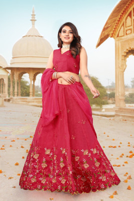 DD's creation Embroidered Semi Stitched Lehenga Choli(Red)