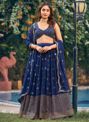 Yozzby Solid, Embroidered Semi Stitched Lehenga Choli(Blue)