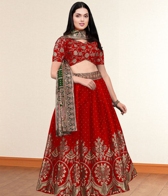 Trijal Fab Self Design Semi Stitched Lehenga Choli(Red)