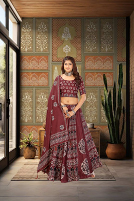 KRISHU ETHNICS Printed Semi Stitched Lehenga Choli(Maroon, Black)