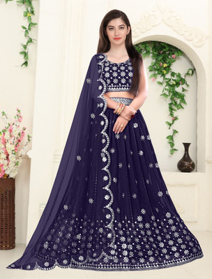 Trust Win Textile Embroidered Semi Stitched Lehenga Choli(Dark Blue)