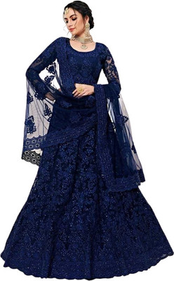 LILUDI Embroidered Semi Stitched Lehenga Choli(Blue)