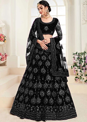 KOMAL Embroidered Semi Stitched Lehenga Choli(Black)