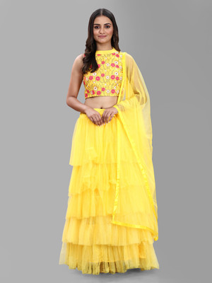 Fabcartz Embroidered Semi Stitched Lehenga Choli(Yellow)