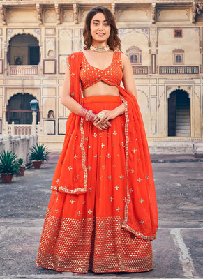 Yozzby Solid, Embroidered Semi Stitched Lehenga Choli(Orange)