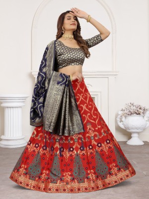 GRANTH MANIAFAB Self Design Semi Stitched Lehenga Choli(Red, Blue)