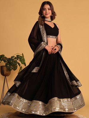 LADALI Embroidered Semi Stitched Lehenga Choli(Black)