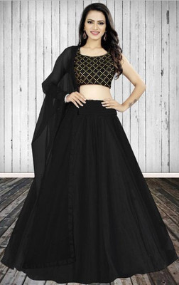 Divastri Embroidered Semi Stitched Lehenga Choli(Black)