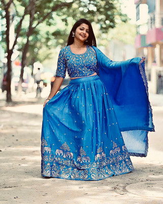 R K Creation Embroidered Semi Stitched Lehenga Choli(Blue)