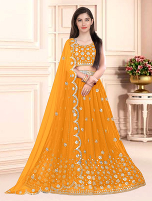 Trust Win Textile Embroidered Semi Stitched Lehenga Choli(Yellow)