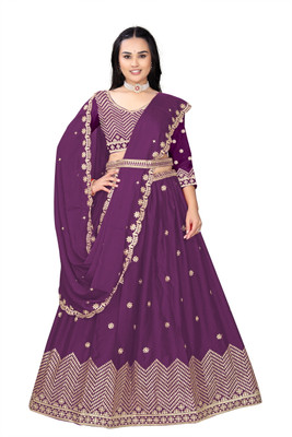 R K ENTERPRISE Embroidered Semi Stitched Lehenga Choli(Purple)