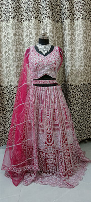 Yks fashion Embroidered Stitched Lehenga & Crop Top(Red)