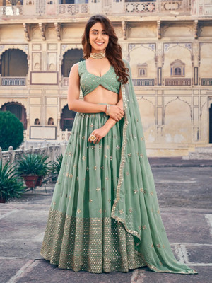 FAB WINDOW Embroidered Semi Stitched Lehenga Choli(Light Green)
