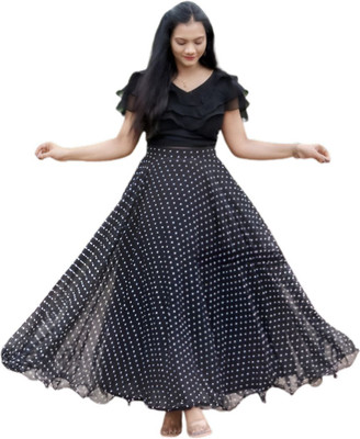 Rivasha Fashion Polka Print Stitched Lehenga & Crop Top(Black)