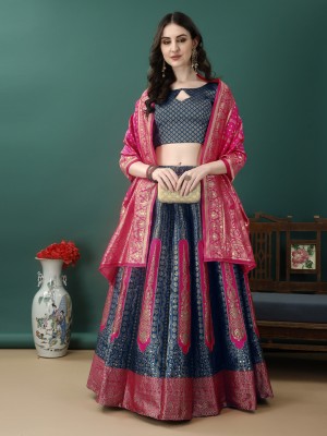 LehengaTRENDZ Printed Semi Stitched Lehenga Choli(Light Blue)