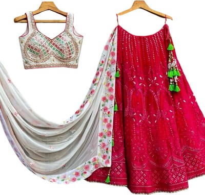 ICW COLLECTION Embroidered, Embellished, Floral Print, Leheriya, Digital Print Semi Stitched Lehenga Choli(Pink)