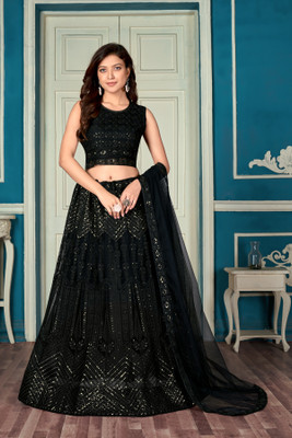 Yogik Creation Embroidered Semi Stitched Lehenga Choli(Black)