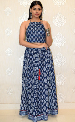 JAIPUR HAND BLOCK Floral Print Stitched Lehenga Choli(Dark Blue)