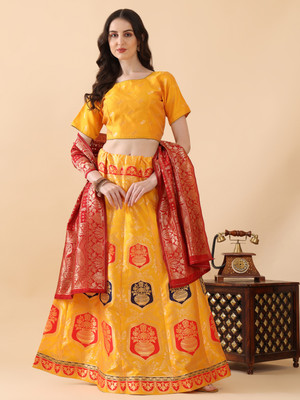 Harshiv Textile Self Design Semi Stitched Lehenga Choli(Gold)