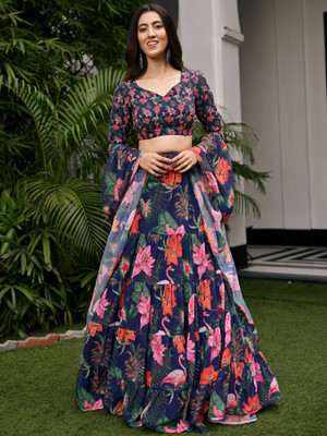 Sixsigma Printed Semi Stitched Lehenga Choli(Blue)