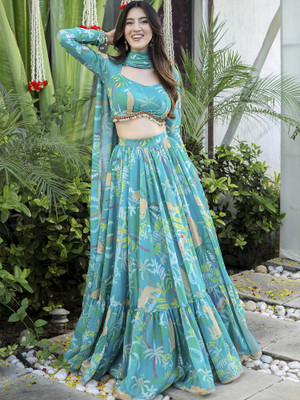 Sixsigma Floral Print Semi Stitched Lehenga Choli(Blue)