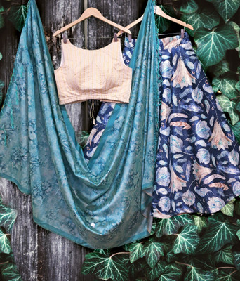 KAHIRAA WHOLETEX Floral Print Semi Stitched Lehenga Choli(Light Blue)