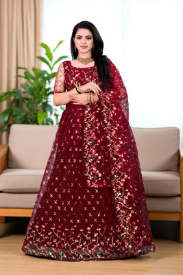 Khodiyar Embroidery Embroidered Semi Stitched Lehenga Choli(Maroon)