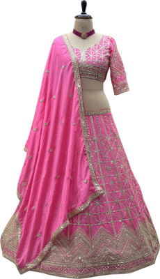 Fijyfab Embroidered Semi Stitched Lehenga Choli(Pink)