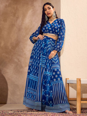 Shae by SASSAFRAS Printed Stitched Lehenga & Crop Top(Blue)