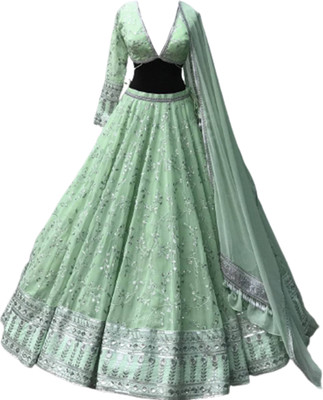 KAPANKU Embroidered Semi Stitched Lehenga Choli(Light Green)