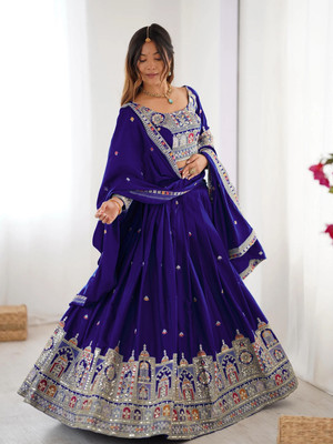 Om Creation Embroidered Semi Stitched Lehenga Choli(Blue)
