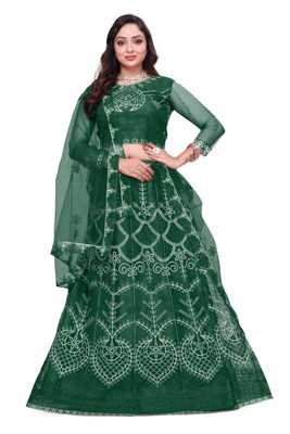 TRIVORA Embroidered Semi Stitched Lehenga Choli(Green)