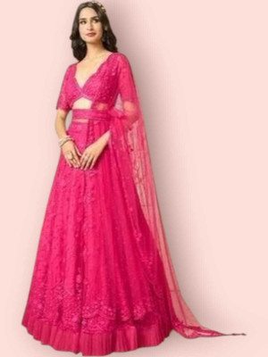 Kitvillaa Embroidered Semi Stitched Lehenga Choli(Multicolor)