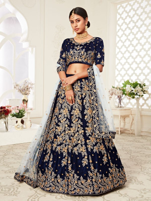 odette Embroidered Semi Stitched Lehenga Choli(Blue)