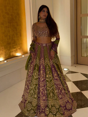 Mmaruticretion Embroidered Stitched Lehenga Choli(Purple, Green)