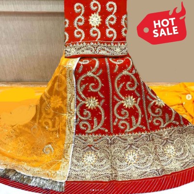 New Pooja Embroidered, Embellished, Self Design Semi Stitched Rajasthani Poshak(Red, Yellow)