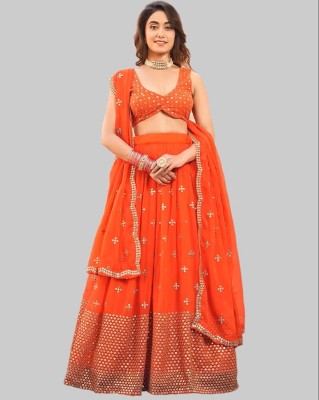 FASHION BASKET Embroidered Semi Stitched Lehenga Choli(Orange)